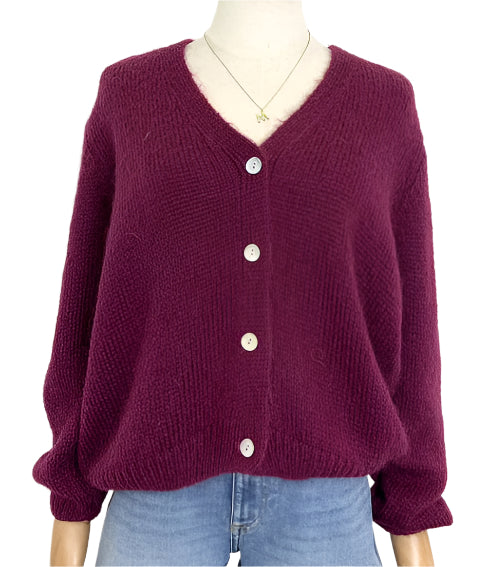 Burgundy mohair  cardigan on a mannequin with a white background