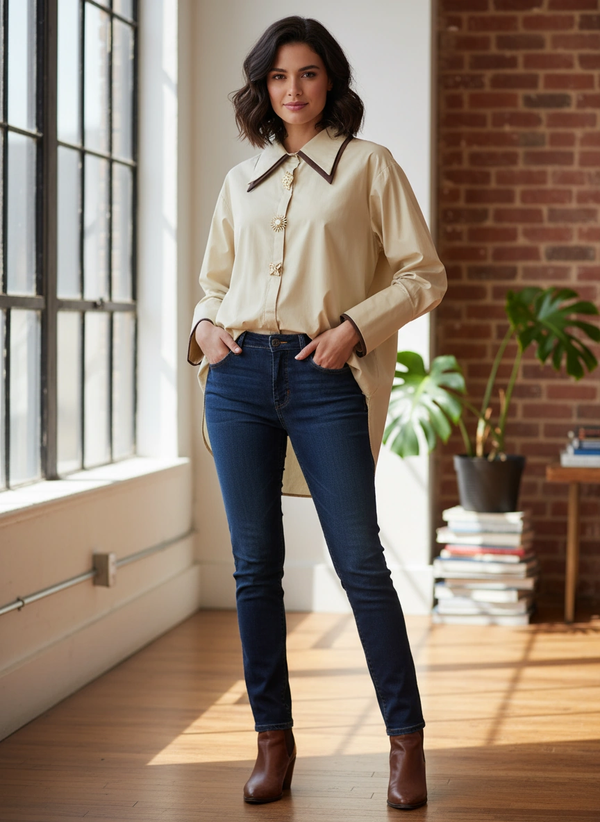 Contrast Collar Shirt w/Jewel Buttons