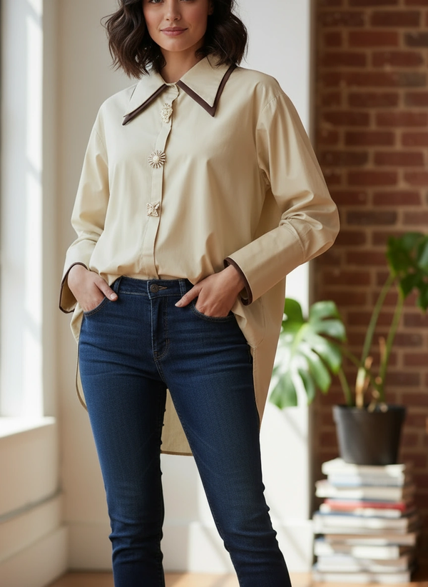 Contrast Collar Shirt w/Jewel Buttons