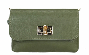 Italina leather clutch bag with handle and chainlink crossbody strap