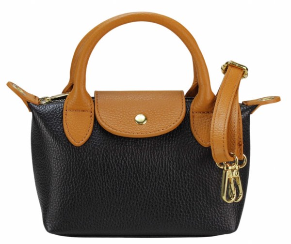 ITALIAN LEATHER Small Two-Tone Tote Bag BLACK