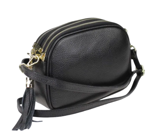 Italian leather tassel bag with crossbody strap