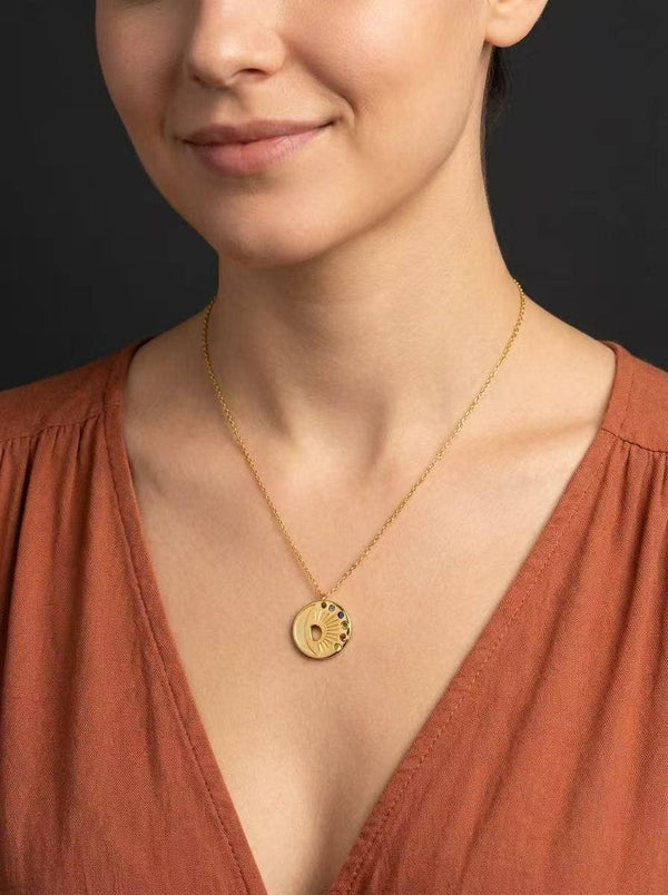 Celestial Shine Sun and Moon Mother-of-Pearl Necklace in Steel