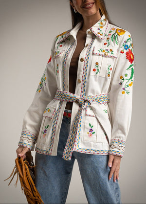 Detailed embroidered jacket with belt