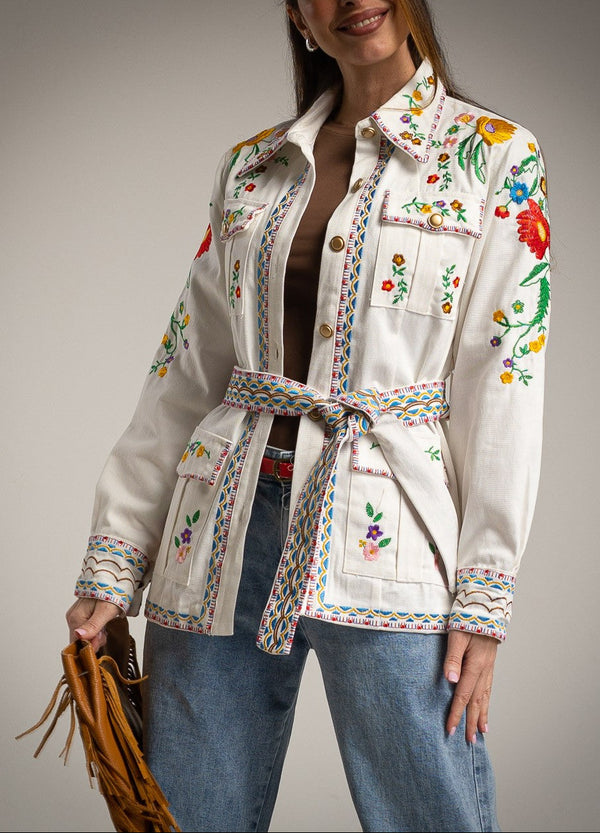 Detailed embroidered jacket with belt