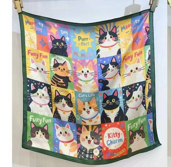 70x70 square scarf, polyester silk-effect, colorful cat print