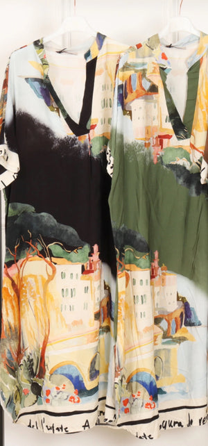 Colorful abstract art dress with architectural design on a white background