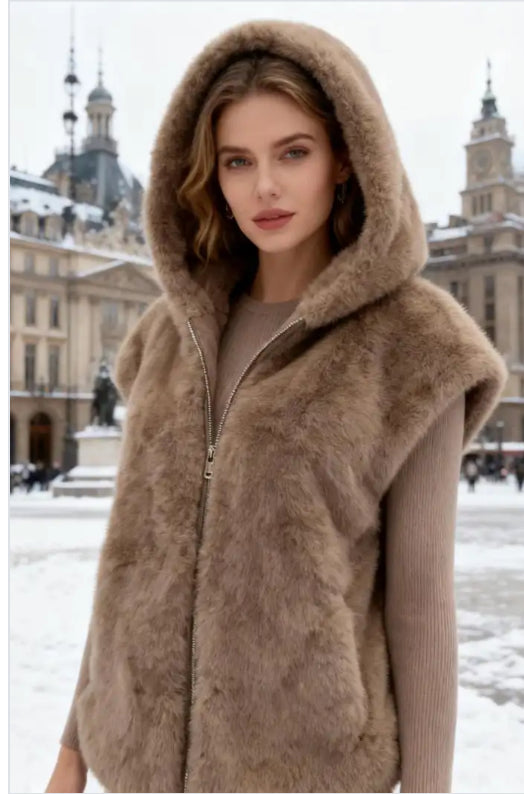 Sleeveless Faux Fur Vest w/Hood