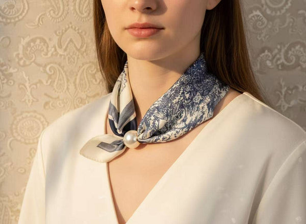 Magnetic Pearl Scarf with Pastoral Blue Toile Print