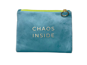 Blue pouch with 'CHAOS INSIDE' text on a gray background
