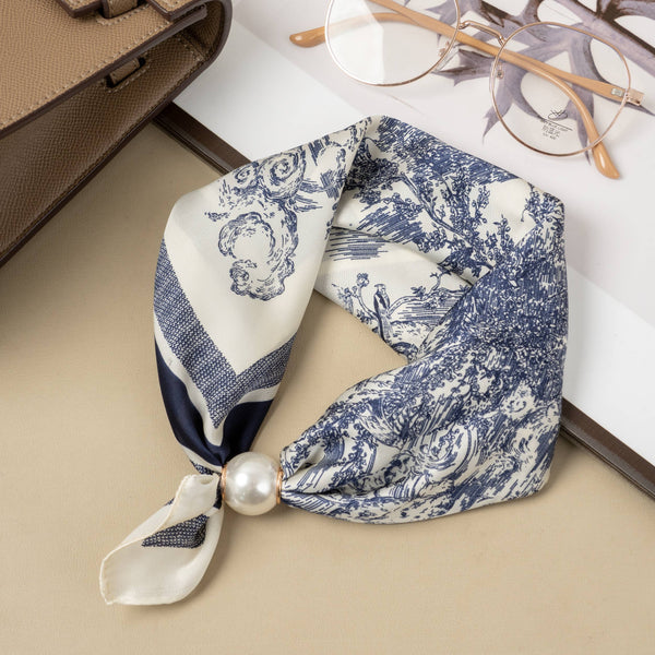 Magnetic Pearl Scarf with Pastoral Blue Toile Print