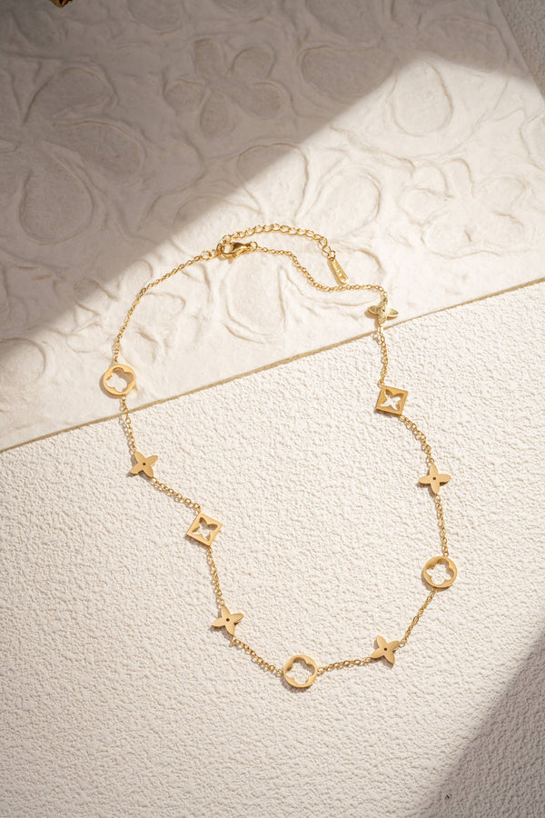 Gold Stainless Steel Necklace with Flower and Star Patterns