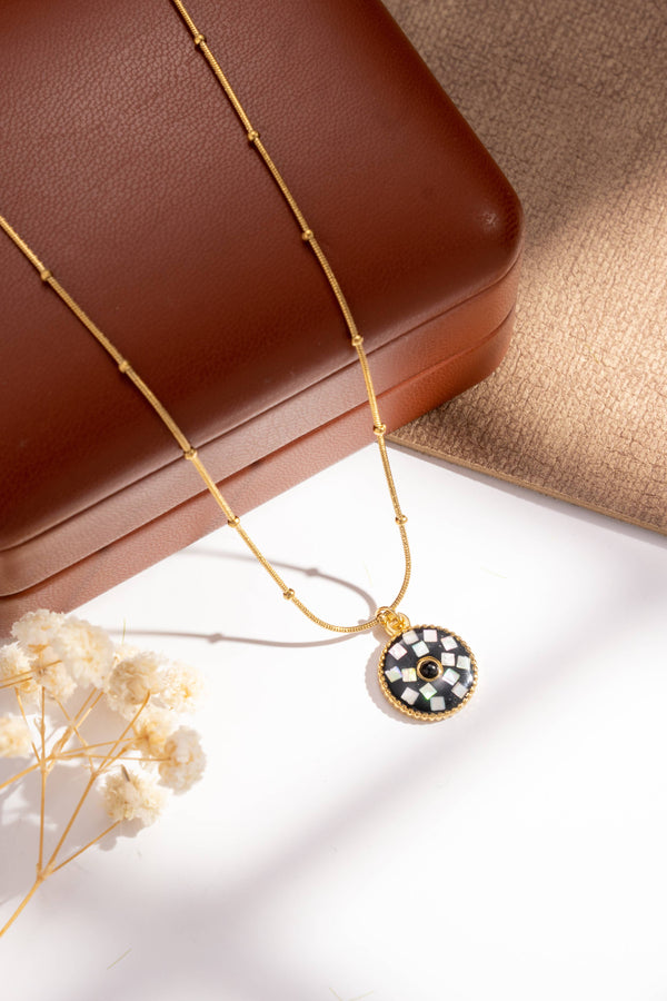 Set of 2 round mosaic necklaces in black, white and gold stainless steel