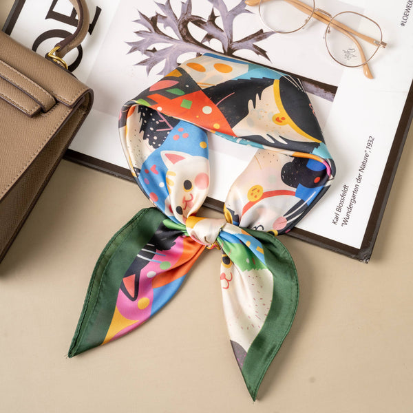 70x70 square scarf, polyester silk-effect, colorful cat print