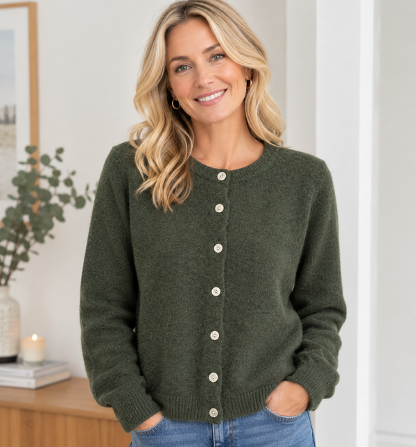 Soft Alpaca-Blend Cardigan – Khaki Green