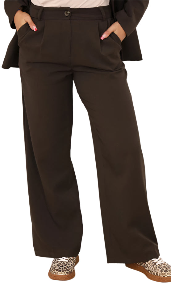Person wearing brown wide-leg pants with a plain background