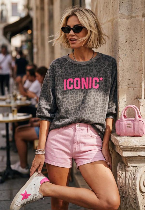 Leopard Iconic Sweatshirt - Grey w/Pink Text