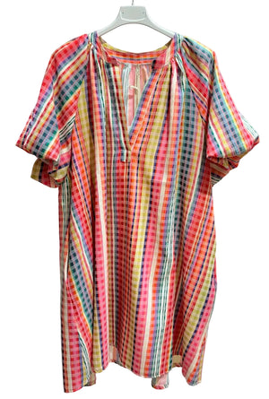 Multi coloured check dress with puff sleeves and v neck line