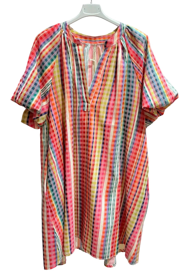 Multi coloured check dress with puff sleeves and v neck line