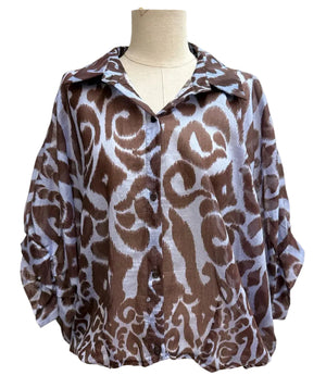 Abstract coloured print top in brown and blue with elasticated hemming