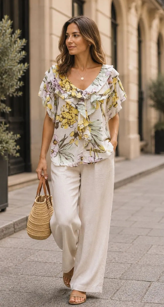 Romantic Floral V-Neck Ruffle Blouse