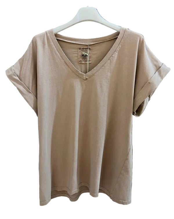 A taupe short-sleeve V-neck t-shirt with cuff sleeves