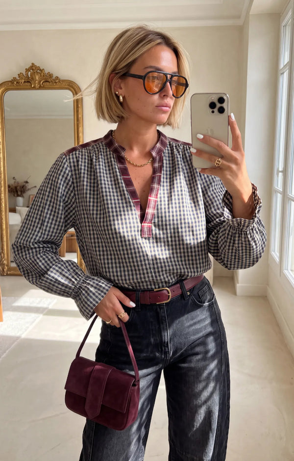 Mixed Gingham Split-Neck Henley Blouse