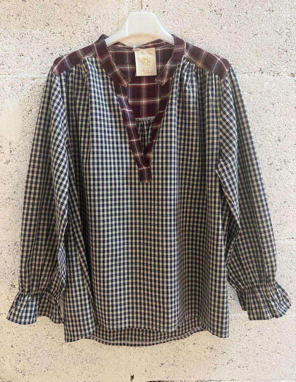 Mixed Gingham Split-Neck Henley Blouse