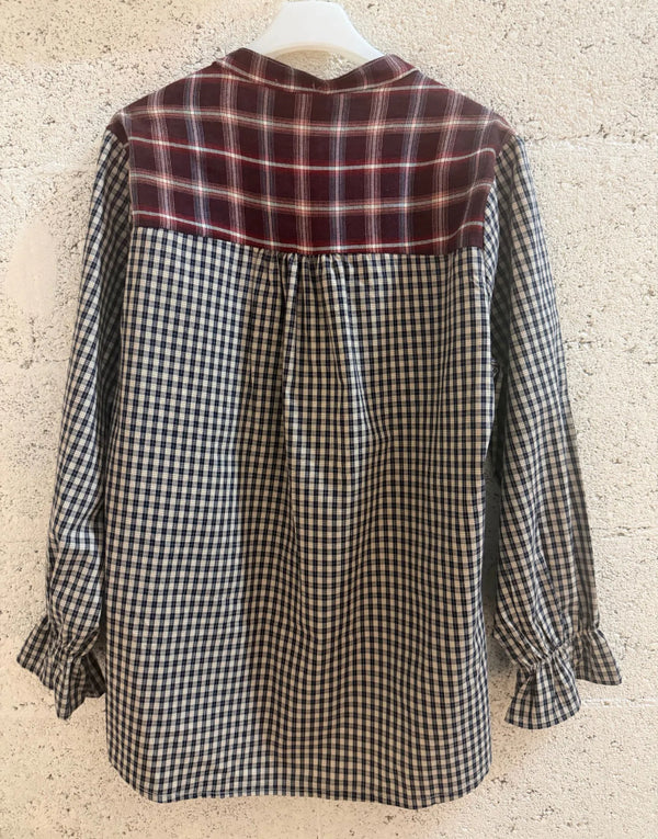 Mixed Gingham Split-Neck Henley Blouse