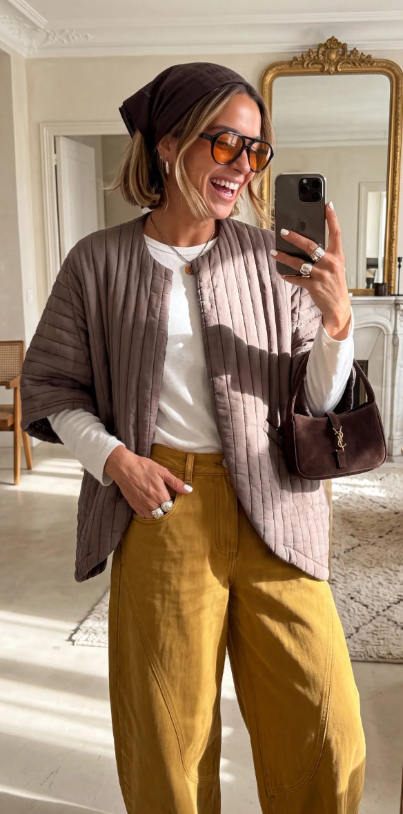 Mocha Quilted Vertical-Stitch Kimono Jacket