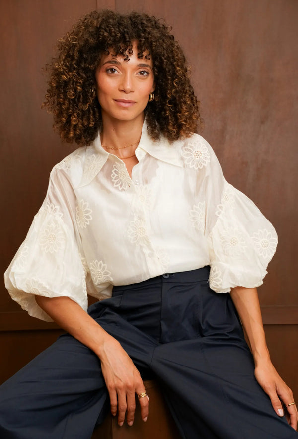 Romantic Floral Embroidered Puff Sleeve Blouse