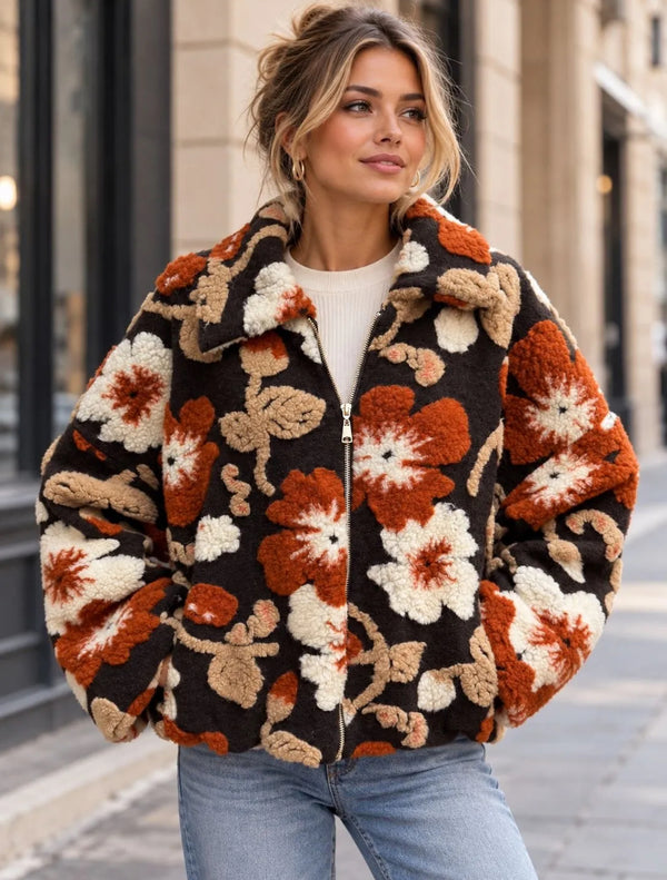 Retro Floral Sherpa Zip Jacket - Rust