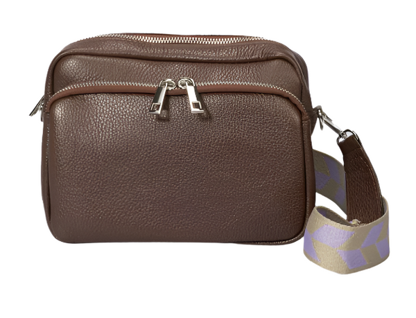 Chocolate brown Italian leather bag with two separate zipped compartments with matching crossbody strap