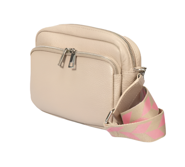 Genuine Italian leather bag with double zip  and inner zipped pocket with matching crossbody strap