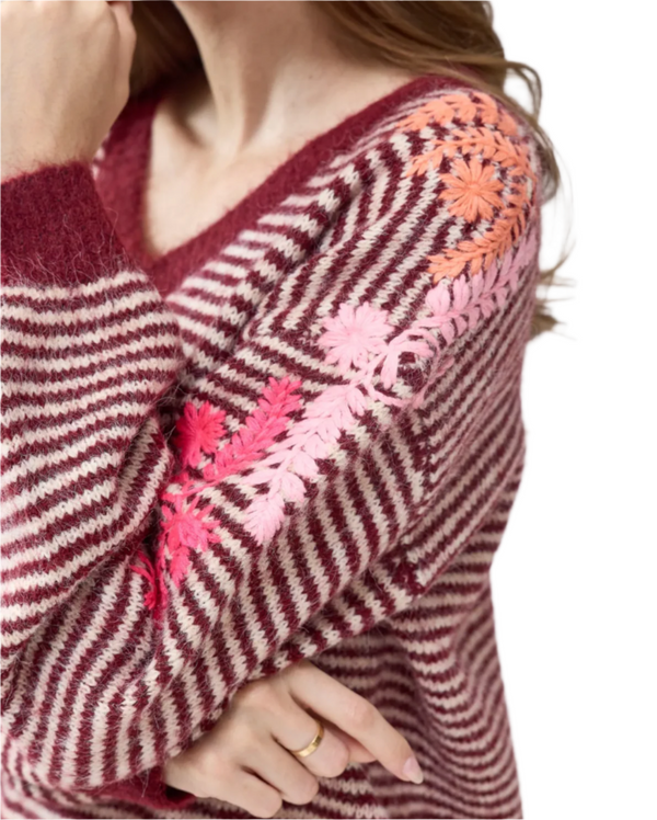 Close-up of a person wearing a patterned sweater with floral embroidered designs on a plain background