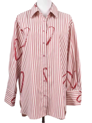 Red and white striped shirt with red heart designs on a gray background