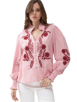 Wine embroidered shirt with open gathered neck detail and gathered cuff detail
