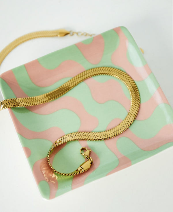 Square trinket tray with pink and green wave design