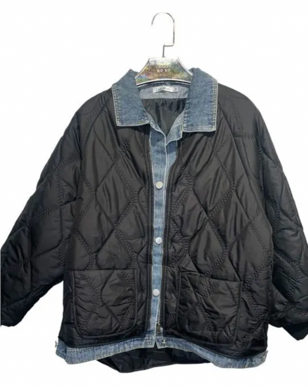 Oversized Quilted Jacket wDenim Collar