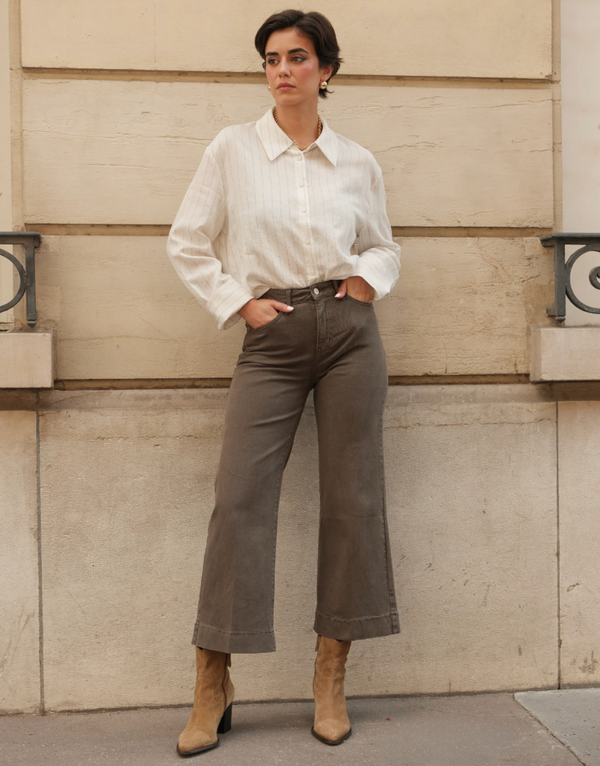 Cropped Wide Leg Flair Jeans KHAKI