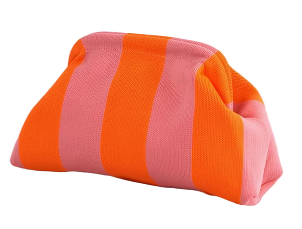 Orange and pink striped pouch on a white background