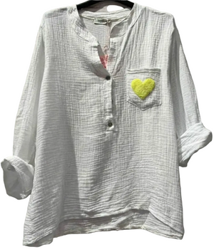 White cotton shirt with heart detail on front pocket