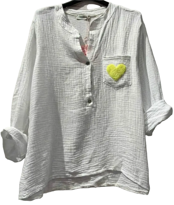 White cotton shirt with heart detail on front pocket