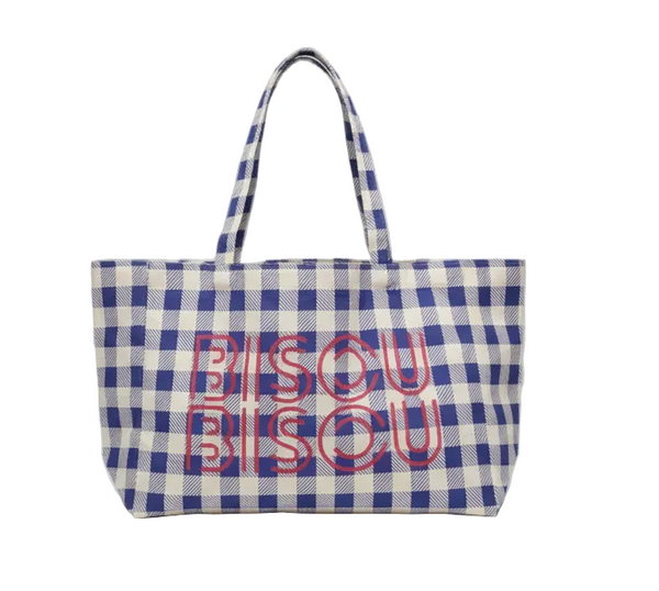 Blue and white checkered tote bag with 'Bisou Bisou' text on the front of it.