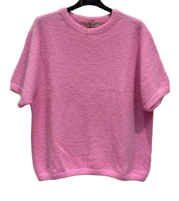 Pink short sleeve mohair top with round neck