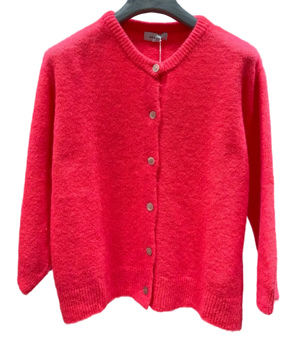 Coral baby alpaca cardigan with crewneck and buttons up the front