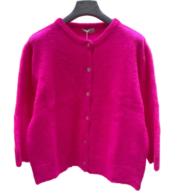 Fuchsia pink baby alpaca cardigan with crewneck and buttons up the front