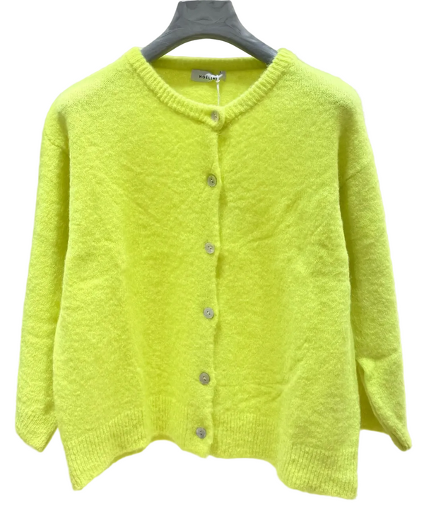 flourescent yellow baby alpaca cardigan with crewneck and buttons up the front
