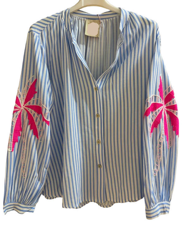 Striped shirt with a palm perfection embroidered sleeve in neon pink