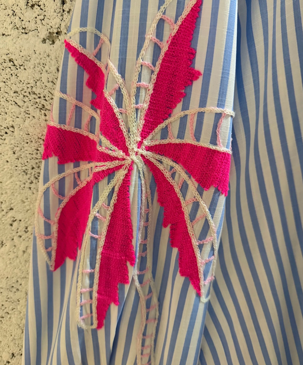 Striped shirt with a palm perfection embroidered sleeve in neon pink